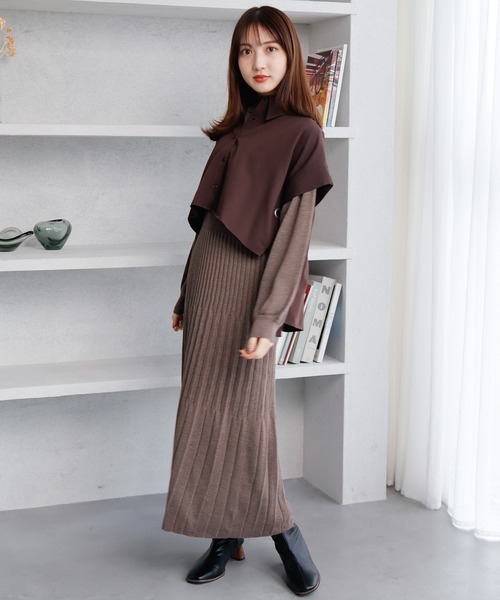 新品【LADYMADE】　シャツベストレイヤードプリーツニットワンピース　F 楽天市場】シャツベストレイヤードプリーツニットワンピース