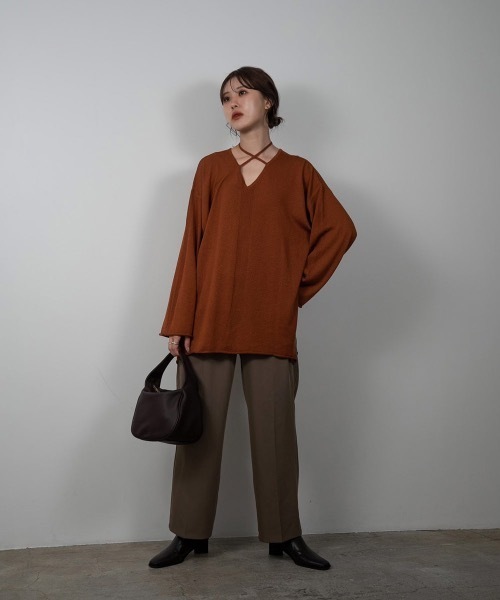 Amiur(エミレ)の「rib line loose knit(ニット/セーター・レディース・ベージュ/パープル系/オレンジ系・FREE)」の3枚目の写真