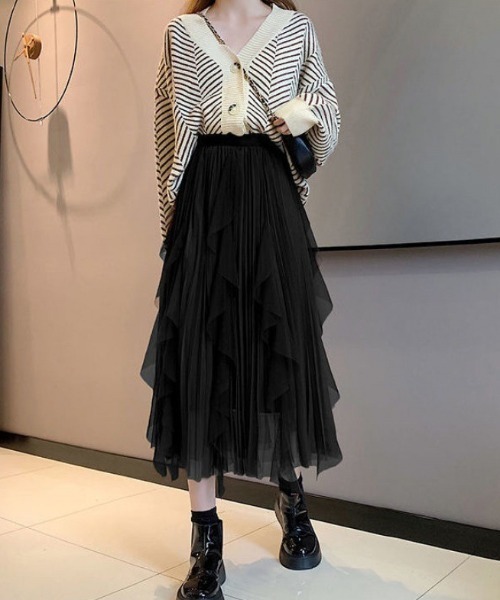 gossip！ロサンゼルス（ゴシップロサンゼルス）の「ヘムフリルチュールスカート（スカート・レディース・ブラック/オフホワイト/ブラウン・FREE）」の3枚目の写真