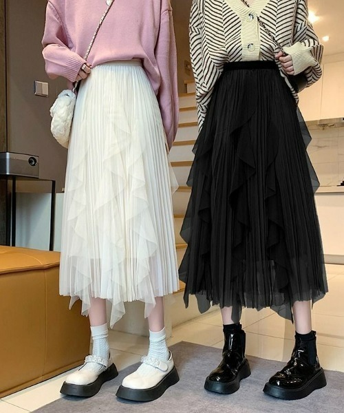 gossip！ロサンゼルス（ゴシップロサンゼルス）の「ヘムフリルチュールスカート（スカート・レディース・ブラック/オフホワイト/ブラウン・FREE）」の5枚目の写真