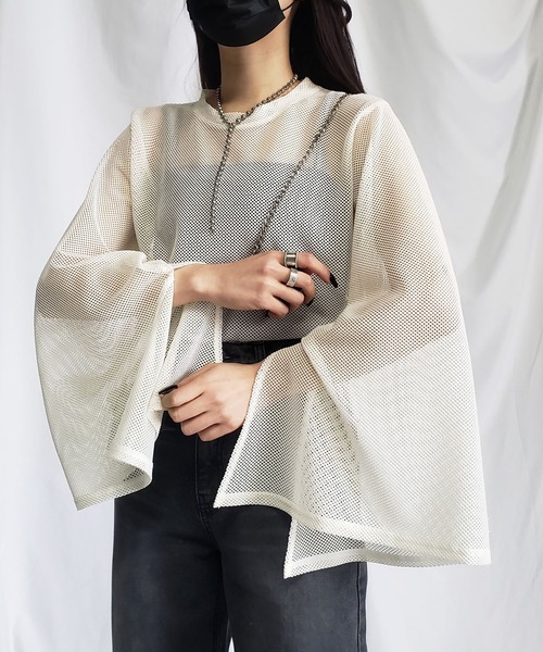 me+em select(ミームセレクト)の「ワイドスリーブスリットメッシュブラウス(シャツ/ブラウス・レディース・ブラック/ピンク/アイボリー・FREE)」の9枚目の写真