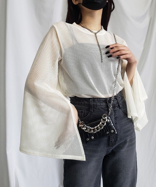 me+em select(ミームセレクト)の「ワイドスリーブスリットメッシュブラウス(シャツ/ブラウス・レディース・ブラック/ピンク/アイボリー・FREE)」の7枚目の写真