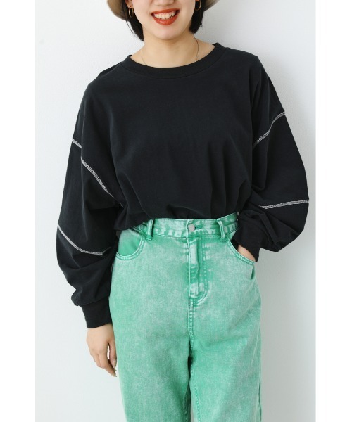 RODEO CROWNS WIDE BOWL（ロデオクラウンズワイドボウル）の「ステッチカラートップス（スウェット・レディース・ピンク/ブラック/オフホワイト/グリーン・FREE）」の3枚目の写真