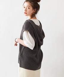 フード付きスキッパー片畦編みニットベスト