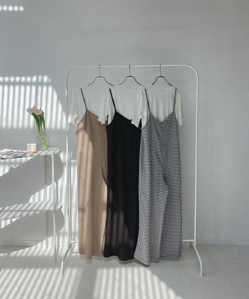 AS KNOW AS plus(アズノゥアズプラス)の「○楊柳サロペットとリブTシャツ セット(サロペット/オーバーオール・レディース・ブラック/ベージュ/チェック・FREE)」の5枚目の写真