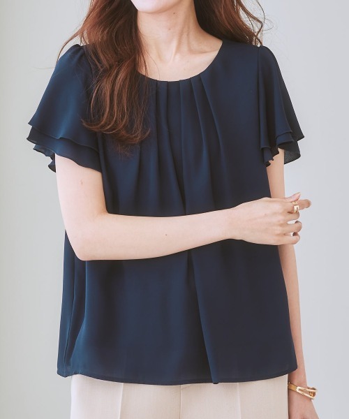 7days Life Styling(セブンデイズライフスタイリング)の「ジョーゼットエアリー半袖トップス カットソー裏地付(シャツ/ブラウス・レディース・グレイッシュベージュ/ライトブルー/ドット/ミント/オフホワイト/キャメル/ブルーグリーン/ライラック/ブラック/ネイビー/ピンク/ストライプ/ホワイト×ブラック/マスタード/ベージュ系その他/ピンク系その他・M/S/LL/L/3L)」の8枚目の写真