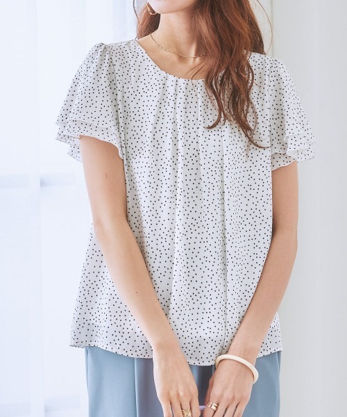 7days Life Styling(セブンデイズライフスタイリング)の「ジョーゼットエアリー半袖トップス カットソー裏地付(シャツ/ブラウス・レディース・グレイッシュベージュ/ライトブルー/ドット/ミント/オフホワイト/キャメル/ブルーグリーン/ライラック/ブラック/ネイビー/ピンク/ストライプ/ホワイト×ブラック/マスタード/ベージュ系その他/ピンク系その他・M/S/LL/L/3L)」の16枚目の写真