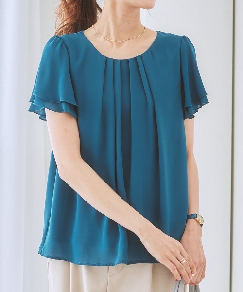 7days Life Styling(セブンデイズライフスタイリング)の「ジョーゼットエアリー半袖トップス カットソー裏地付(シャツ/ブラウス・レディース・グレイッシュベージュ/ライトブルー/ドット/ミント/オフホワイト/キャメル/ブルーグリーン/ライラック/ブラック/ネイビー/ピンク/ストライプ/ホワイト×ブラック/マスタード/ベージュ系その他/ピンク系その他・M/S/LL/L/3L)」の9枚目の写真
