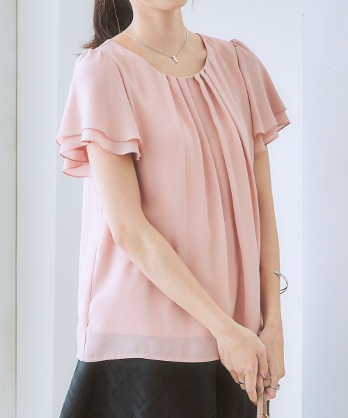 7days Life Styling(セブンデイズライフスタイリング)の「ジョーゼットエアリー半袖トップス カットソー裏地付(シャツ/ブラウス・レディース・グレイッシュベージュ/ライトブルー/ドット/ミント/オフホワイト/キャメル/ブルーグリーン/ライラック/ブラック/ネイビー/ピンク/ストライプ/ホワイト×ブラック/マスタード/ベージュ系その他/ピンク系その他・M/S/LL/L/3L)」の13枚目の写真