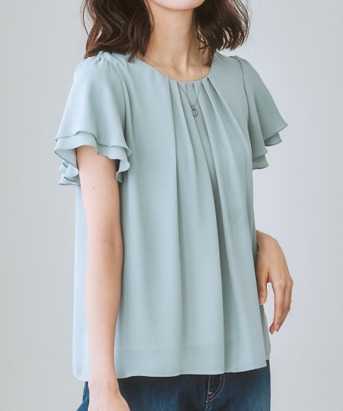 7days Life Styling(セブンデイズライフスタイリング)の「ジョーゼットエアリー半袖トップス カットソー裏地付(シャツ/ブラウス・レディース・グレイッシュベージュ/ライトブルー/ドット/ミント/オフホワイト/キャメル/ブルーグリーン/ライラック/ブラック/ネイビー/ピンク/ストライプ/ホワイト×ブラック/マスタード/ベージュ系その他/ピンク系その他・M/S/LL/L/3L)」の7枚目の写真