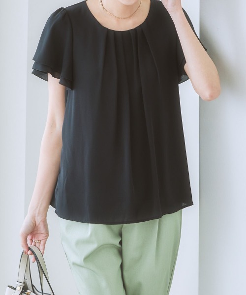 7days Life Styling(セブンデイズライフスタイリング)の「ジョーゼットエアリー半袖トップス カットソー裏地付(シャツ/ブラウス・レディース・グレイッシュベージュ/ライトブルー/ドット/ミント/オフホワイト/キャメル/ブルーグリーン/ライラック/ブラック/ネイビー/ピンク/ストライプ/ホワイト×ブラック/マスタード/ベージュ系その他/ピンク系その他・M/S/LL/L/3L)」の17枚目の写真
