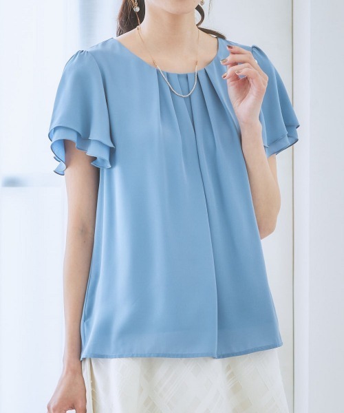 7days Life Styling(セブンデイズライフスタイリング)の「ジョーゼットエアリー半袖トップス カットソー裏地付(シャツ/ブラウス・レディース・グレイッシュベージュ/ライトブルー/ドット/ミント/オフホワイト/キャメル/ブルーグリーン/ライラック/ブラック/ネイビー/ピンク/ストライプ/ホワイト×ブラック/マスタード/ベージュ系その他/ピンク系その他・M/S/LL/L/3L)」の18枚目の写真