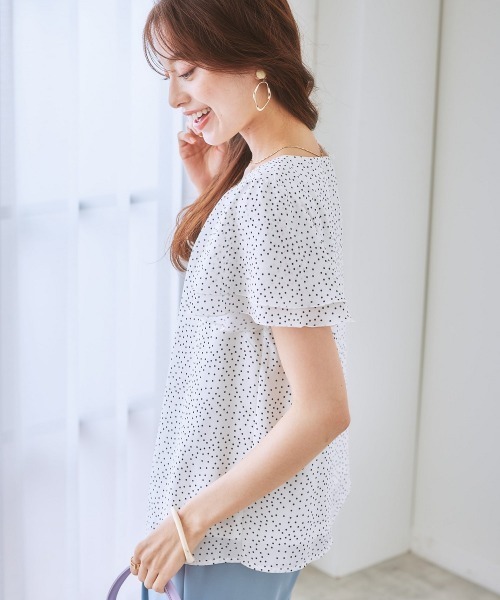 7days Life Styling(セブンデイズライフスタイリング)の「ジョーゼットエアリー半袖トップス カットソー裏地付(シャツ/ブラウス・レディース・グレイッシュベージュ/ライトブルー/ドット/ミント/オフホワイト/キャメル/ブルーグリーン/ライラック/ブラック/ネイビー/ピンク/ストライプ/ホワイト×ブラック/マスタード/ベージュ系その他/ピンク系その他・M/S/LL/L/3L)」の21枚目の写真