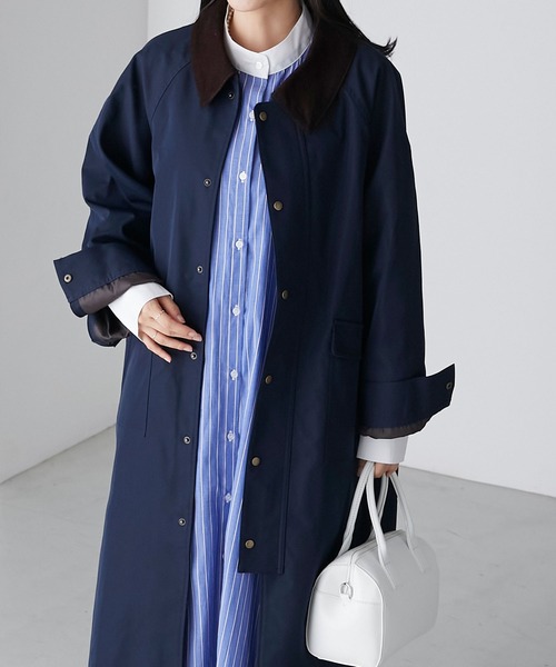 BONLECILL(ボンルシール)の「ラグランスリーブ 襟コーデュロイ オーバーハンティングコート(ステンカラーコート・レディース・ネイビー/ブラック/ベージュ/カーキ・FREE)」の12枚目の写真