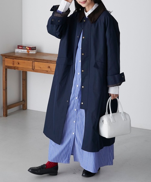 BONLECILL(ボンルシール)の「ラグランスリーブ 襟コーデュロイ オーバーハンティングコート(ステンカラーコート・レディース・ネイビー/ブラック/ベージュ/カーキ・FREE)」の18枚目の写真