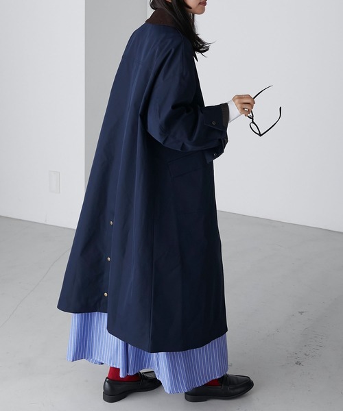 BONLECILL(ボンルシール)の「ラグランスリーブ 襟コーデュロイ オーバーハンティングコート(ステンカラーコート・レディース・ネイビー/ブラック/ベージュ/カーキ・FREE)」の6枚目の写真