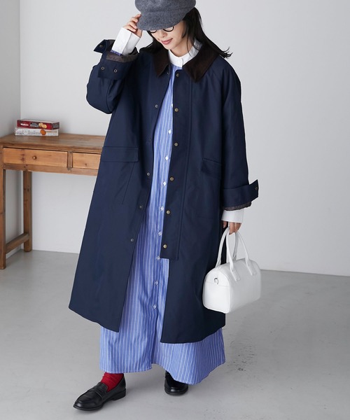 BONLECILL(ボンルシール)の「ラグランスリーブ 襟コーデュロイ オーバーハンティングコート(ステンカラーコート・レディース・ネイビー/ブラック/ベージュ/カーキ・FREE)」の7枚目の写真