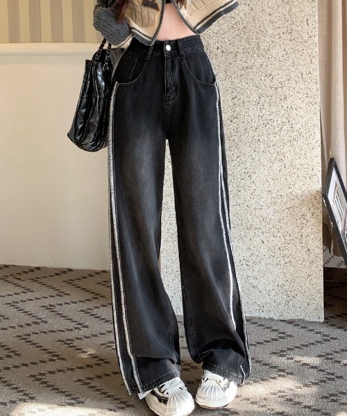 新品タグ付き【AUBREY】フリンジサイドラインデニムパンツ セール】サイドフリンジスリットパンツ ライン入りデニムパンツ