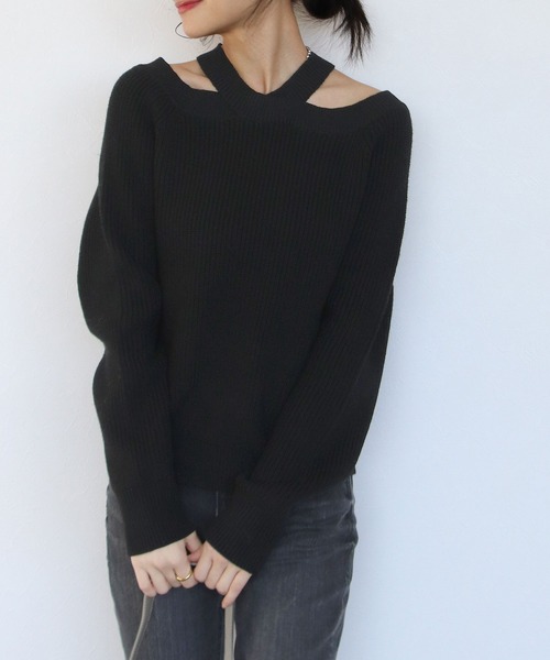 TITE IN THE STORE（ティテ　インザ　ストア）の「ウール混クロスネックニットプルオーバー（ニット/セーター・レディース・ピンク/ブラック/オレンジ・38）」の2枚目の写真