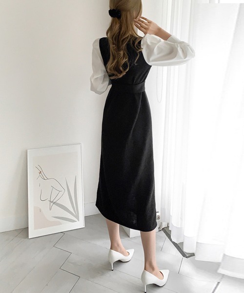 Miniministore(ミニミニストア)の「袖切り替え ニットワンピース ロング配色(ワンピース・レディース・ベージュ/ブラック×ベージュ・フリー)」の7枚目の写真