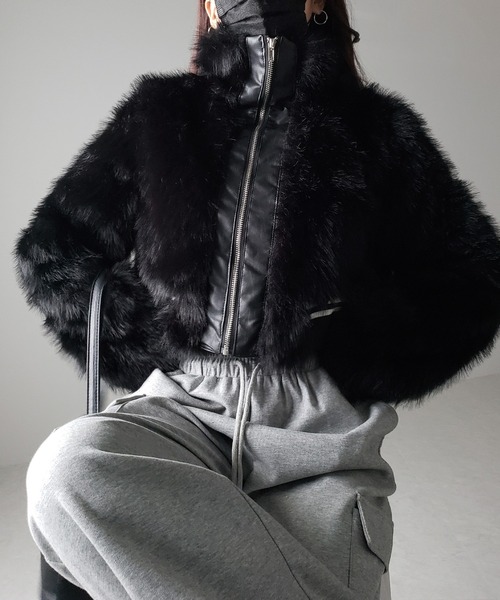 セール】【 2color 】ジップアップハイネックショートフェイクファー