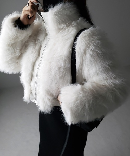 セール】【 2color 】ジップアップハイネックショートフェイクファー