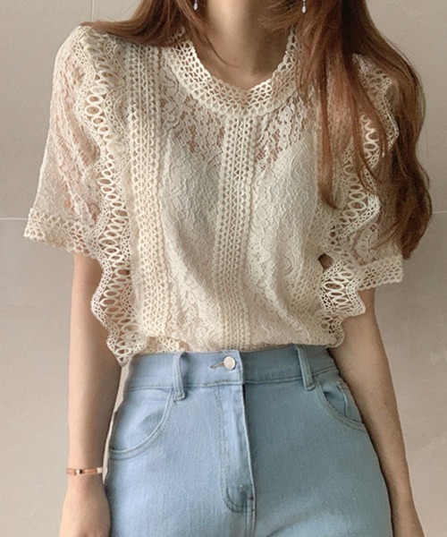 SEU(エスイーユー)の「総レースレディトップス 半袖ブラウス オフィスカジュアル サマー シアートップス【オフィスカジュアル】【きれいめカジュアル】(シャツ/ブラウス・レディース・ピンク/ベージュ/ブラック/ホワイト・フリー)」の1枚目の写真