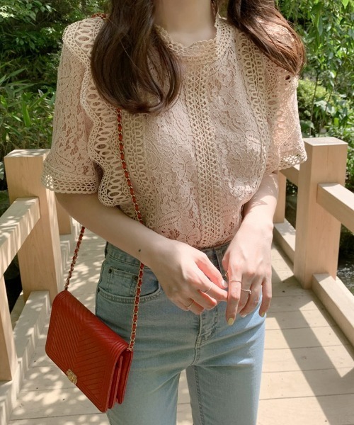 SEU(エスイーユー)の「総レースレディトップス 半袖ブラウス オフィスカジュアル サマー シアートップス【オフィスカジュアル】【きれいめカジュアル】(シャツ/ブラウス・レディース・ピンク/ベージュ/ブラック/ホワイト・フリー)」の4枚目の写真