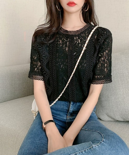 SEU(エスイーユー)の「総レースレディトップス 半袖ブラウス オフィスカジュアル サマー シアートップス【オフィスカジュアル】【きれいめカジュアル】(シャツ/ブラウス・レディース・ピンク/ベージュ/ブラック/ホワイト・フリー)」の22枚目の写真