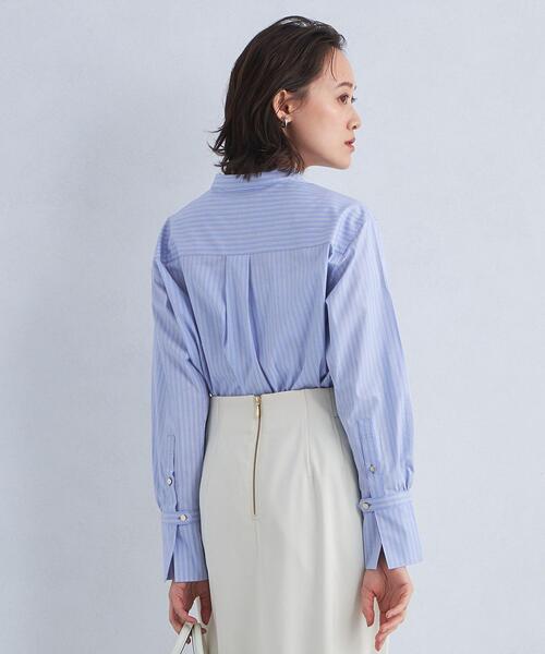 極美品♪グリーンレーベル リネン バンドカラー シャツ 麻 ゆったり ブルー イージーリネン バンドカラー 7分袖 シャツ