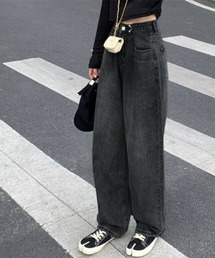 ウエストホック ハイウエスト ワイドストレートデニムパンツ