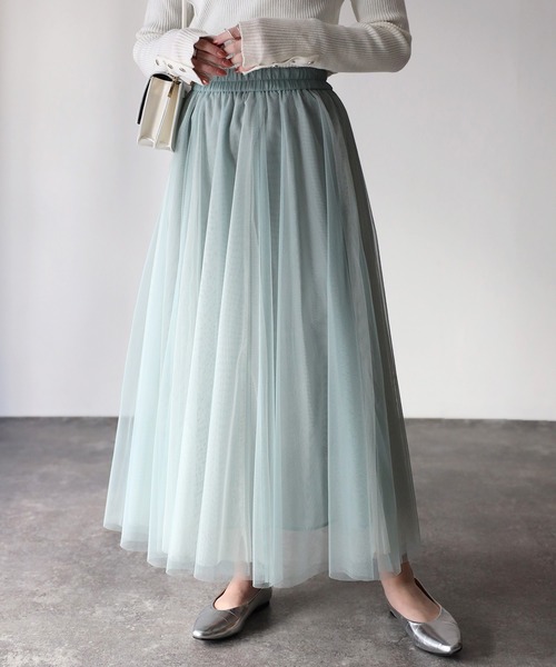 Riberry（リベリー）の「配色チュールギャザースカート（スカート・レディース・ネイビー/グリーン/チャコールグレー/アイボリー・MEDIUM）」の3枚目の写真