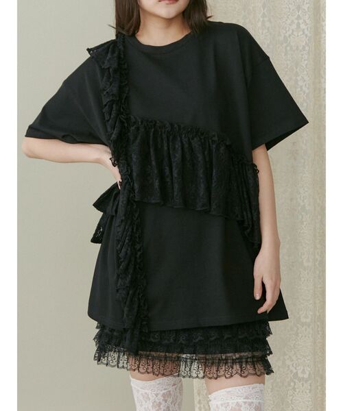 merry jenny（メリージェニー）の「ﾚｰｽﾌﾘﾙBig Tee（Tシャツ/カットソー・レディース・オフホワイト/グリーン/ブラック・FREE）」の2枚目の写真