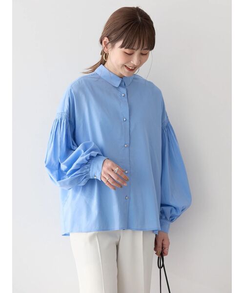 【上品】 セール】UVカット/接触冷感ギャザースリーブブラウス（シャツ トップス