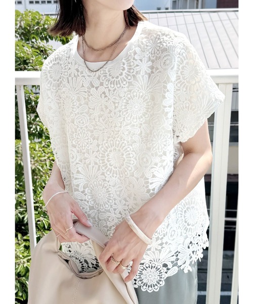 reca(レカ)の「切替レースカットソー(Tシャツ/カットソー・レディース・オフホワイト/ブラック・FREE)」の1枚目の写真