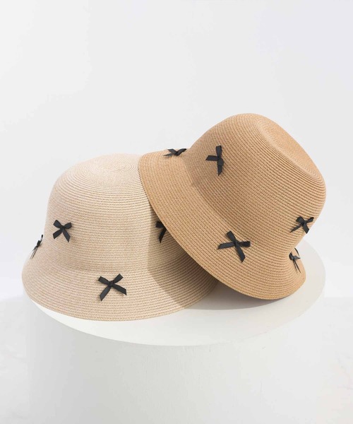 ランバン LANVIN 帽子 ストローハット つば広 リボン リネン M