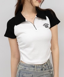 ハーフZIP 襟付き ラグランスリーブ　ショート丈半袖Tシャツ