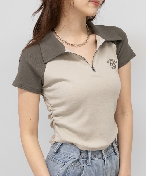 pumpkin port(パンプキンポート)の「ハーフZIP 襟付き ラグランスリーブ ショート丈半袖Tシャツ(Tシャツ/カットソー・レディース・ホワイト/ベージュ/グレー・M)」の11枚目の写真