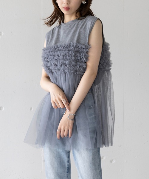 MAISON BREEZE(メゾンブリーズ)の「【MAISON BREEZE】プリーツチュールドッキングノースリーブ PO DTK(Tシャツ/カットソー・レディース・ホワイト/グレー/ブラック・FREE)」の3枚目の写真