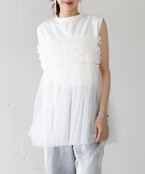 MAISON BREEZE(メゾンブリーズ)の「【MAISON BREEZE】プリーツチュールドッキングノースリーブ PO DTK(Tシャツ/カットソー・レディース・ホワイト/グレー/ブラック・FREE)」の1枚目の写真