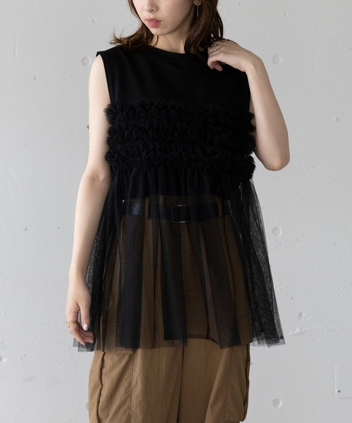 MAISON BREEZE(メゾンブリーズ)の「【MAISON BREEZE】プリーツチュールドッキングノースリーブ PO DTK(Tシャツ/カットソー・レディース・ホワイト/グレー/ブラック・FREE)」の8枚目の写真