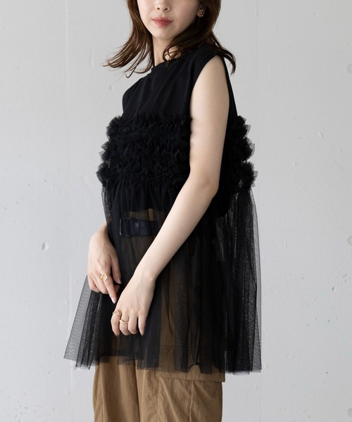 MAISON BREEZE(メゾンブリーズ)の「【MAISON BREEZE】プリーツチュールドッキングノースリーブ PO DTK(Tシャツ/カットソー・レディース・ホワイト/グレー/ブラック・FREE)」の9枚目の写真