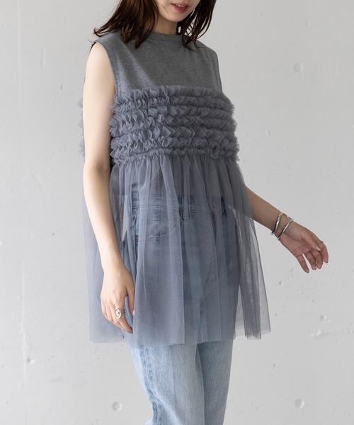 MAISON BREEZE(メゾンブリーズ)の「【MAISON BREEZE】プリーツチュールドッキングノースリーブ PO DTK(Tシャツ/カットソー・レディース・ホワイト/グレー/ブラック・FREE)」の18枚目の写真
