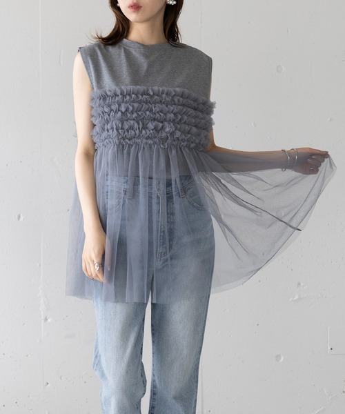MAISON BREEZE(メゾンブリーズ)の「【MAISON BREEZE】プリーツチュールドッキングノースリーブ PO DTK(Tシャツ/カットソー・レディース・ホワイト/グレー/ブラック・FREE)」の16枚目の写真