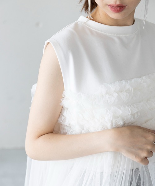 MAISON BREEZE(メゾンブリーズ)の「【MAISON BREEZE】プリーツチュールドッキングノースリーブ PO DTK(Tシャツ/カットソー・レディース・ホワイト/グレー/ブラック・FREE)」の6枚目の写真
