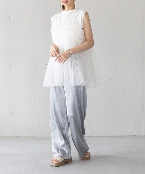 MAISON BREEZE(メゾンブリーズ)の「【MAISON BREEZE】プリーツチュールドッキングノースリーブ PO DTK(Tシャツ/カットソー・レディース・ホワイト/グレー/ブラック・FREE)」の7枚目の写真