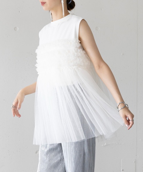 MAISON BREEZE(メゾンブリーズ)の「【MAISON BREEZE】プリーツチュールドッキングノースリーブ PO DTK(Tシャツ/カットソー・レディース・ホワイト/グレー/ブラック・FREE)」の5枚目の写真