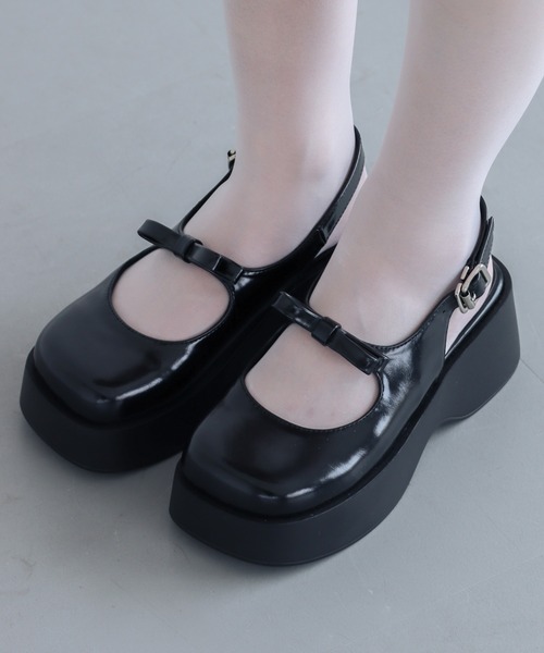 EVOL（イーボル）の「【EVOL】XSからLLまで豊富なサイズ展開/軽量厚底リボンメリージェーン IX5462（パンプス・レディース・ブラック/アイボリー・LL/S/M/L/XS）」の2枚目の写真