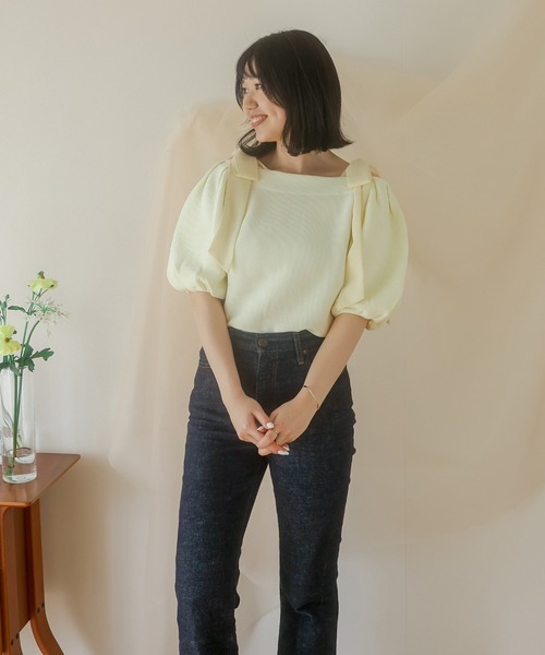 favclo.(ファブクロ)の「off shoulder ribbon tops / オフショルダーリボントップス(Tシャツ/カットソー・レディース・サックスブルー/ブラック/アイボリー・FREE)」の19枚目の写真