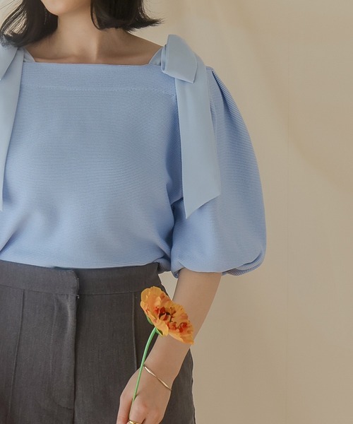 favclo.(ファブクロ)の「off shoulder ribbon tops / オフショルダーリボントップス(Tシャツ/カットソー・レディース・サックスブルー/ブラック/アイボリー・FREE)」の8枚目の写真